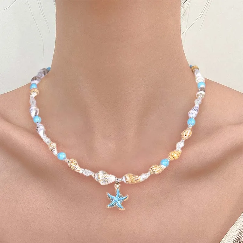 Bohemian Natural Stone Bead Chain Clavicle Necklace Charm Starfish Conch Pendant Rice Bead Necklace Choker Women's Beach Jewelry