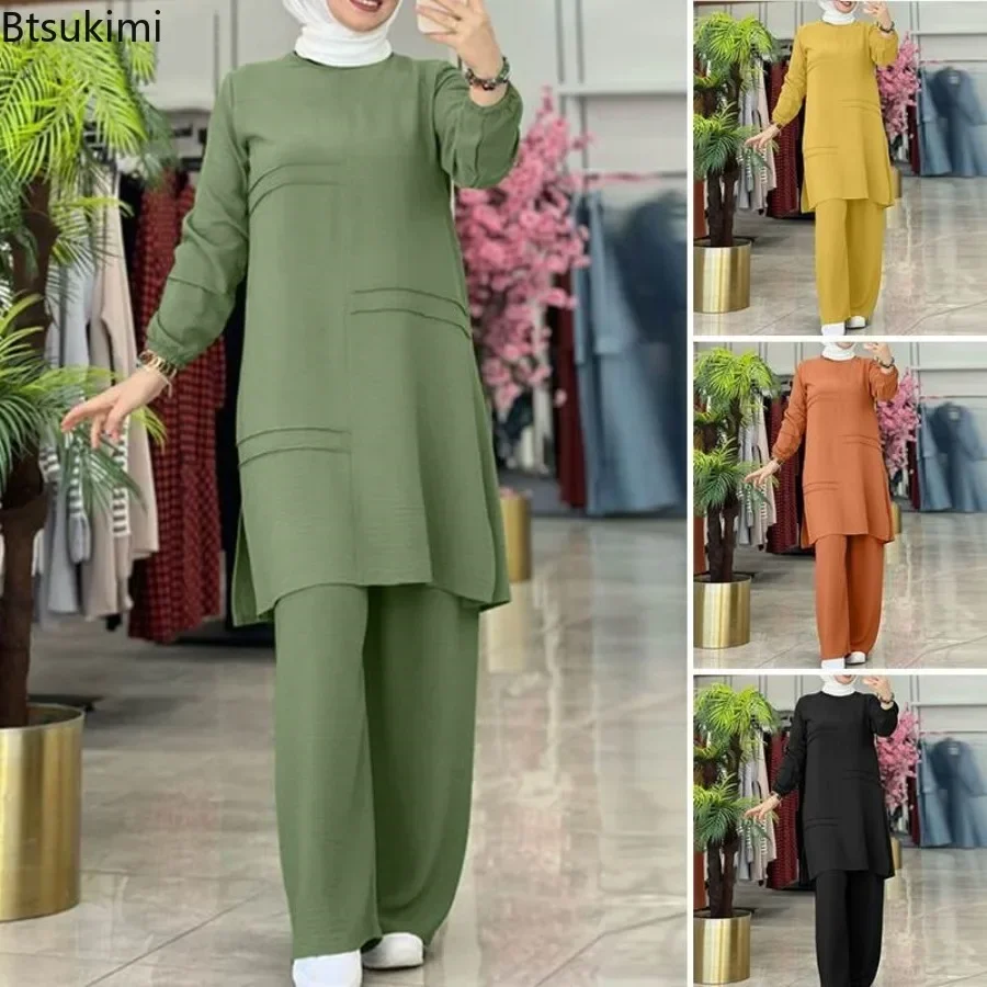 Elegant Women Long Sleeve Blouse Wide Leg Pants Sets Women Urban Tracksuit Muslim 2 Piece Sets Female Solid Loose Casual Outfits