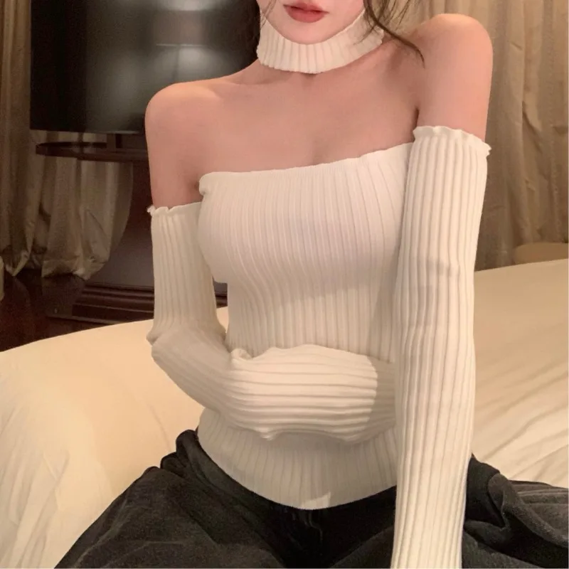 Streetwear Backless Thread Long-sleeved Sweater Women 2024 Autumn New Off-shoulder Solid Color All Match Knitted Crop Tops