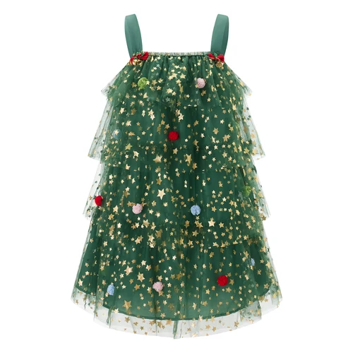 Imagen 2 del producto Combhasaki Minivestido de tul suelto para mujer, árbol de Navidad, lentejuelas, estrella brillante, sin mangas, corte holgado, con volantes en capas, para vacaciones