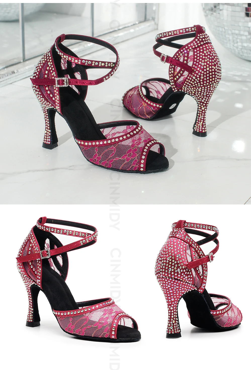 CINMIDY Modische Spitzen-Mesh-Tanzschuhe für Damen, Weiche Salsa-Tango-Latin-Tanzschuhe, Kubanische Absätze, Ballsaal-Party-Schuhe mit Weicher Sohle – Detail 12