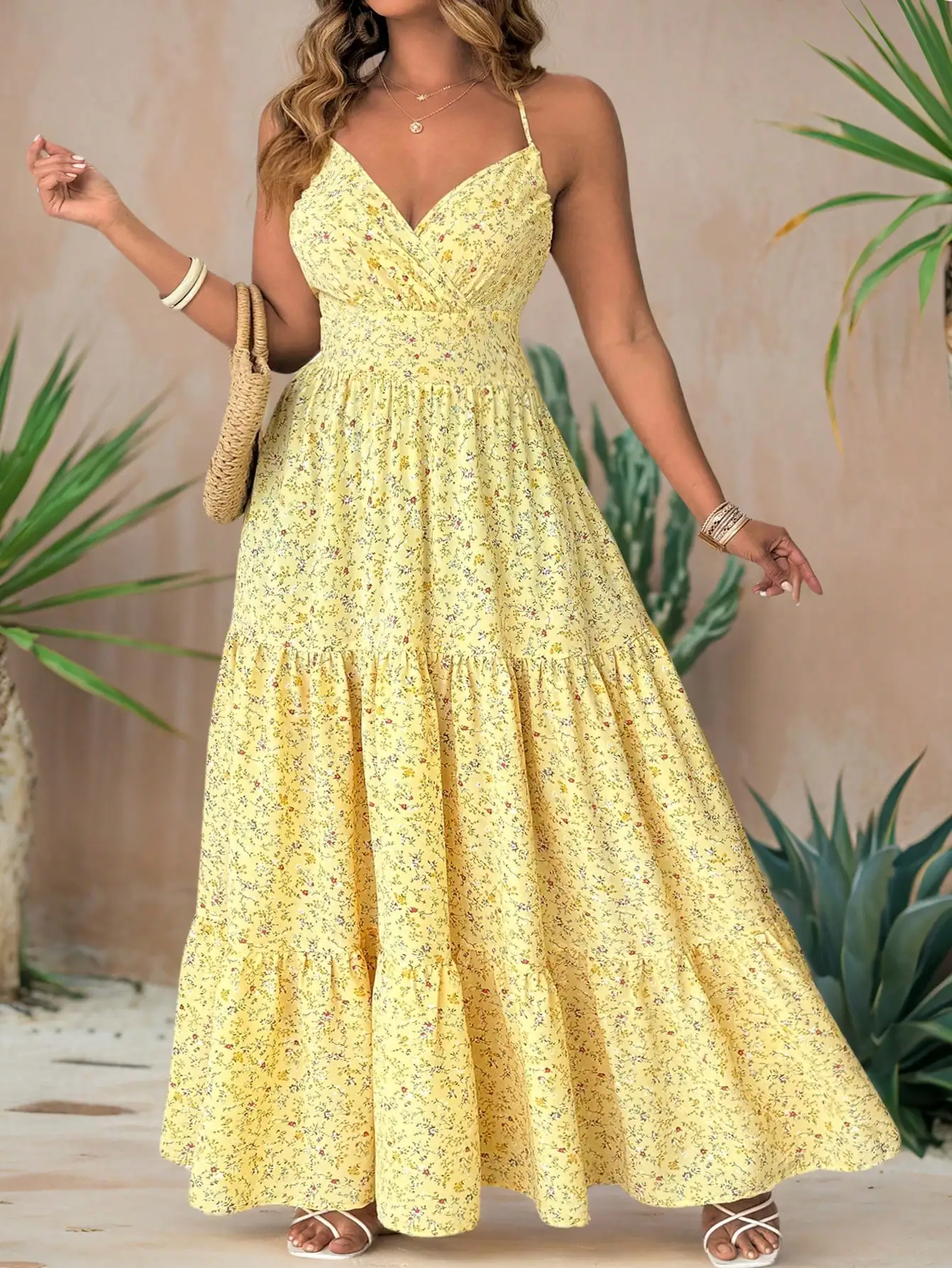 

Yellow Ditsy Floral V-Neck Tiered Maxi Dress for Women, Spring Summer Casual