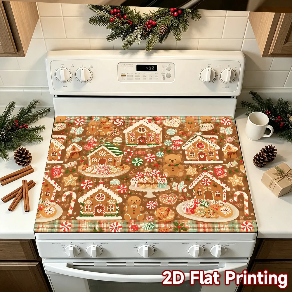 Xmas Gingerbread Pattern Art Stove Cover Mat, Anti‑Scratch Cooktop Protector Pad, Decor for Home Kitchen Electric Stovetop