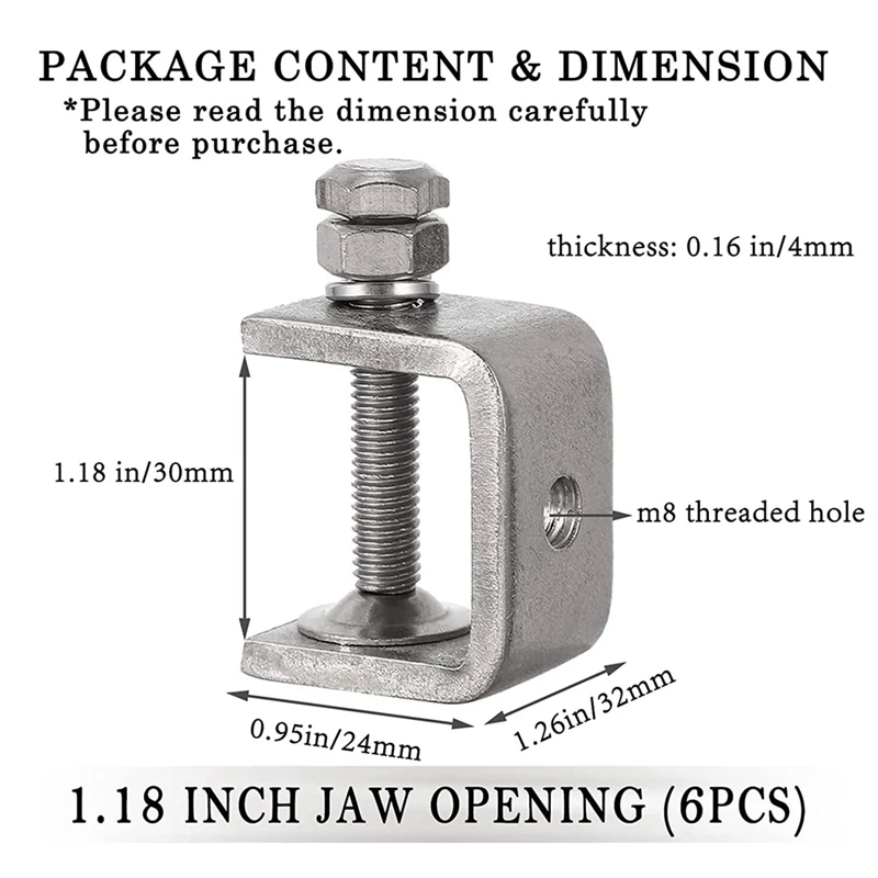 6Pcs C Clamps,U Clamps For Metal Working, Small Desk Clamp With Stable Wide Jaw Opening & Protective Pads/I-Beam Design