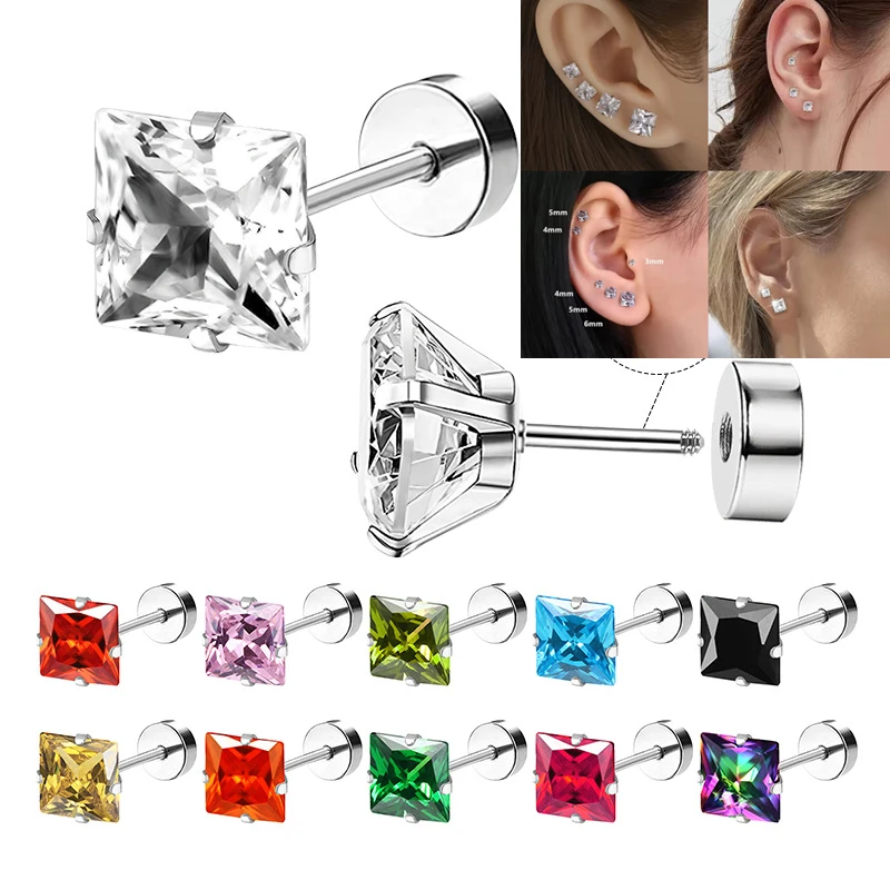 Shiny Zircon Titanium Steel Square Earrings for Women with Pierced Ears Flat Bottom Stainless Steel Ear Bone Nails