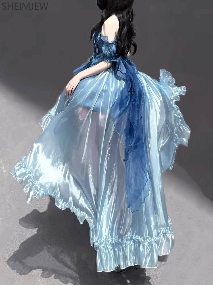 Cute Girl Blue Lolita Tail Tutu Skirt Women Cosplay Sweet Princess Flower Wedding Dress Elegant Off-shoulder Birthday Party Gown