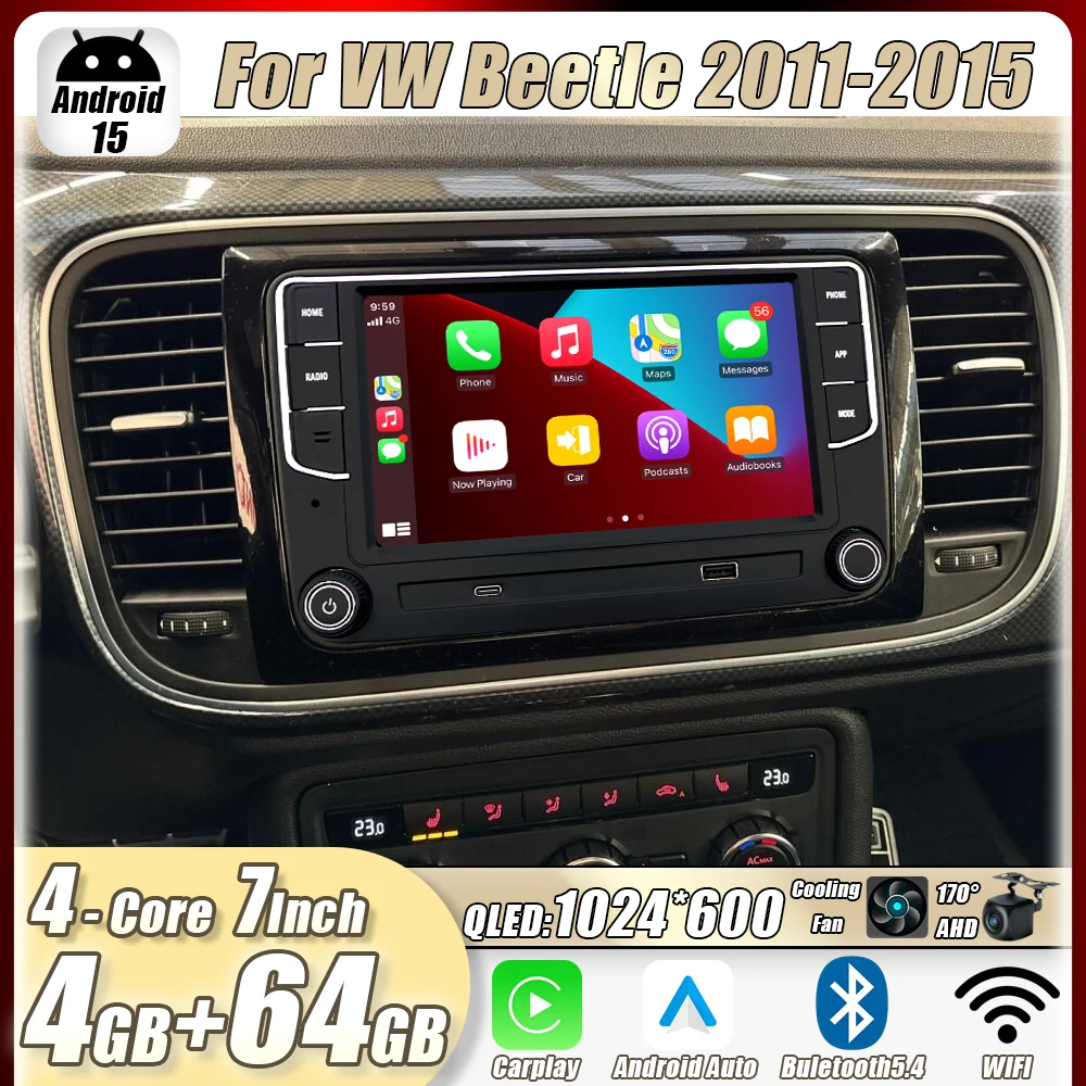 

4GB+64GB 7"For VW Beetle 2011-2015 Car Stereo Radio CarPlay Android15 Auto Head Unit GPS 4G+WIFI Navi Multimedia Player