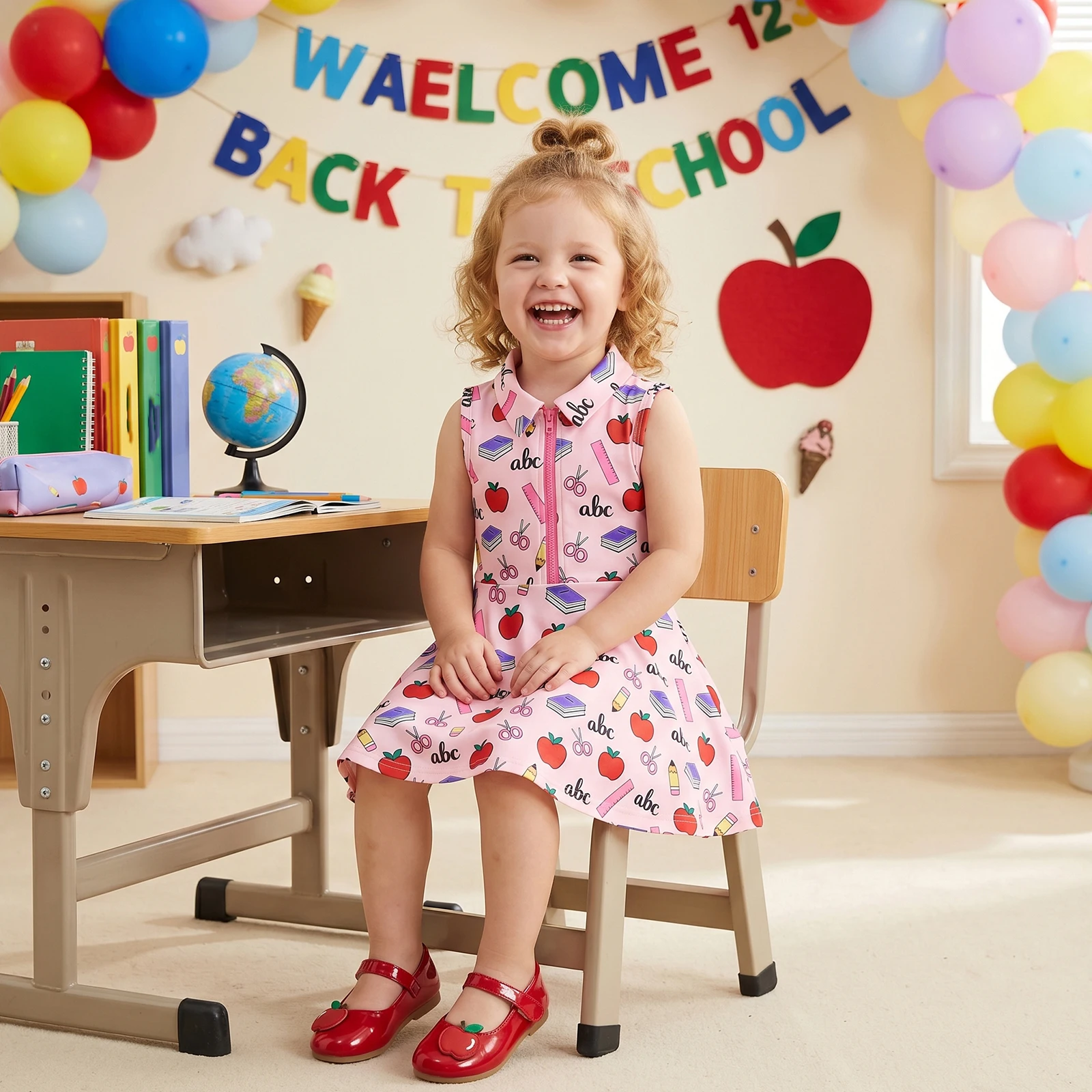 2-7Y TGirls Back to School Dress Sleeveless Lapel Collar Pencil Apple Book Print Half Zipper A Line Tank Dresses