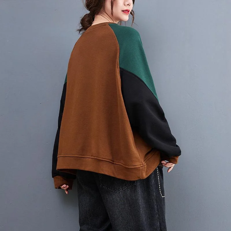 Dames herfst en winter nieuwe retro gesplitste contrasterende kleur lange mouwen ronde hals trui casual top