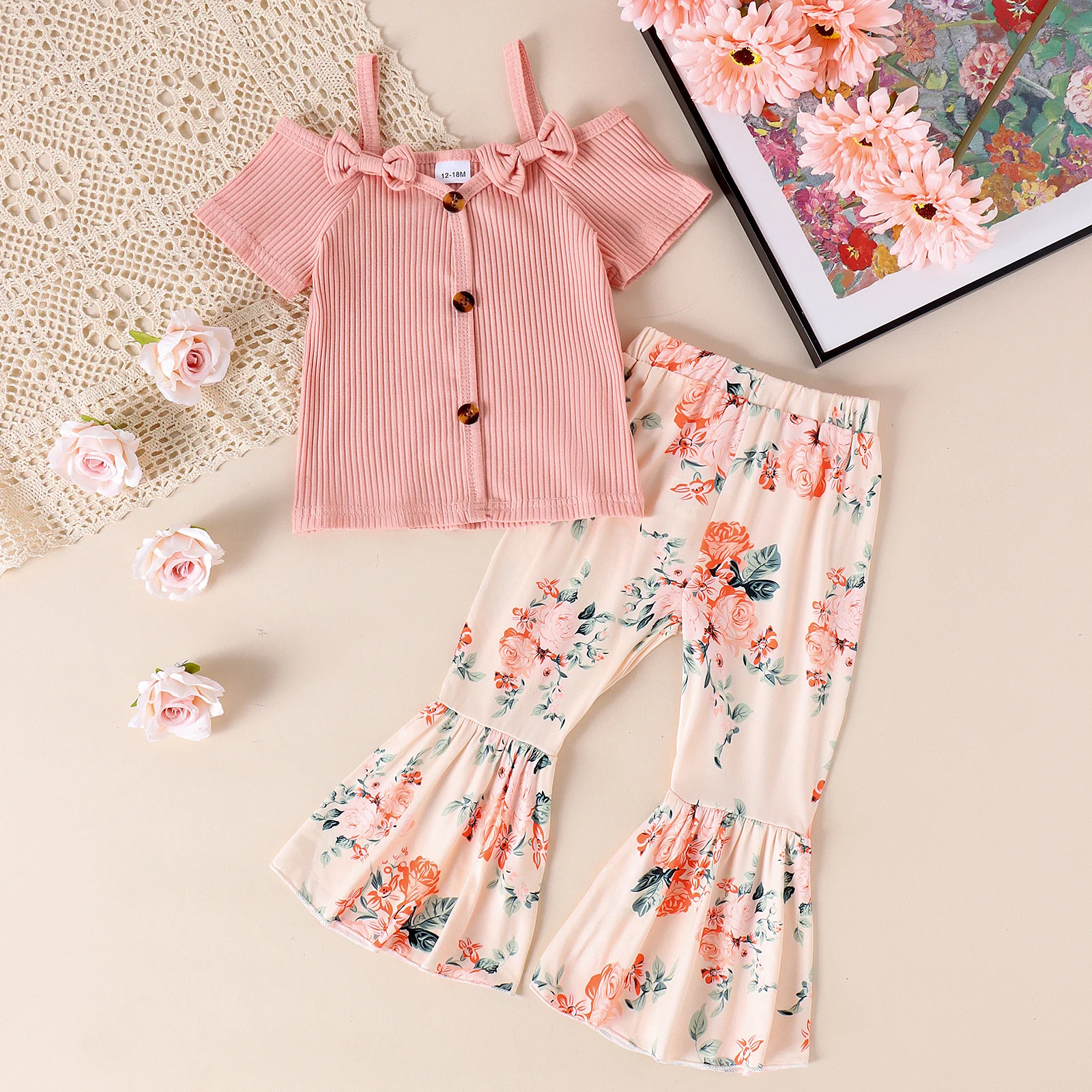 2PCS Summer 1-5 Years Old Fashion Trend Comfortable Soft Cute Baby Girl Pit Strip Halter Bow Shirt + Flared Pants