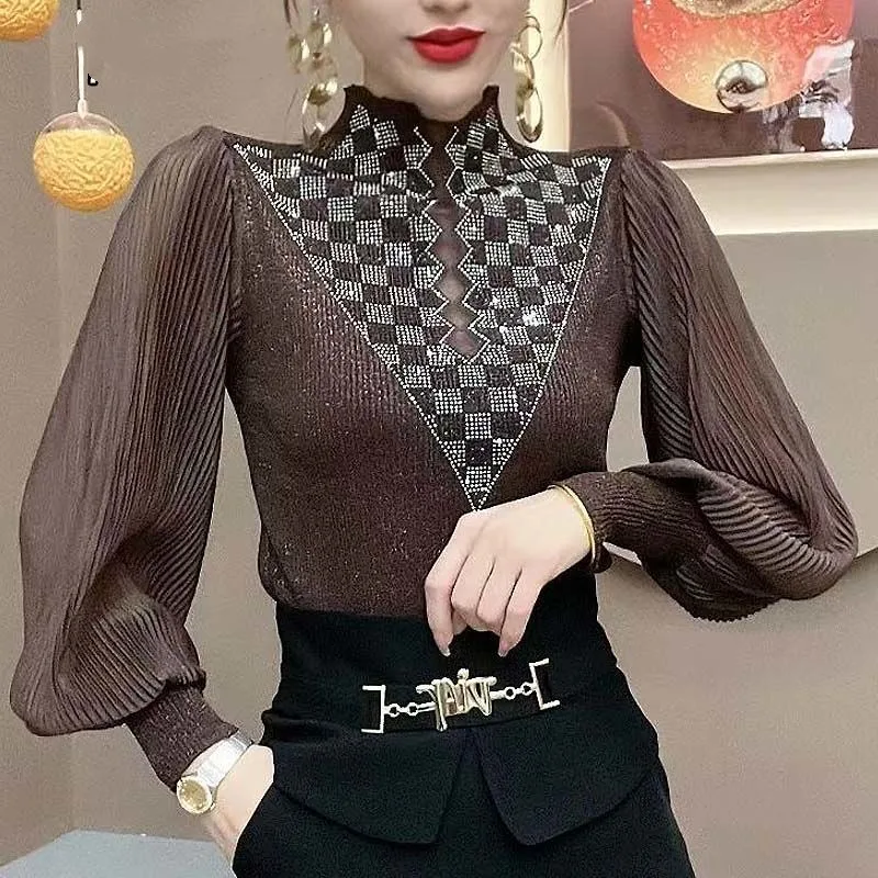 2024Spring Autumn New Fashion Elegant Half High Neck Long Sleeved Pullover Casual Versatile Western Korean Clothing Women's Tops