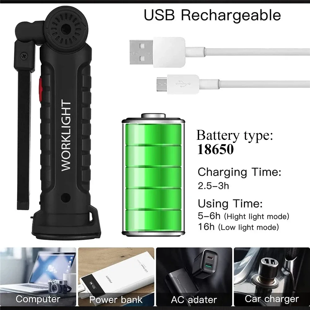 New Portable COB LED Flashlight USB Rechargeable Work Light Magnetic Lanterna Hanging Lamp with Built-in Battery Camping Torch