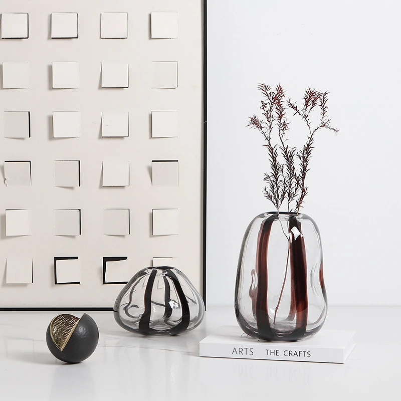 Glass Vase Transparent Stripes Black Lines Hand-made Flower Floral Arrangement Accessories Terrarium Home Decoration