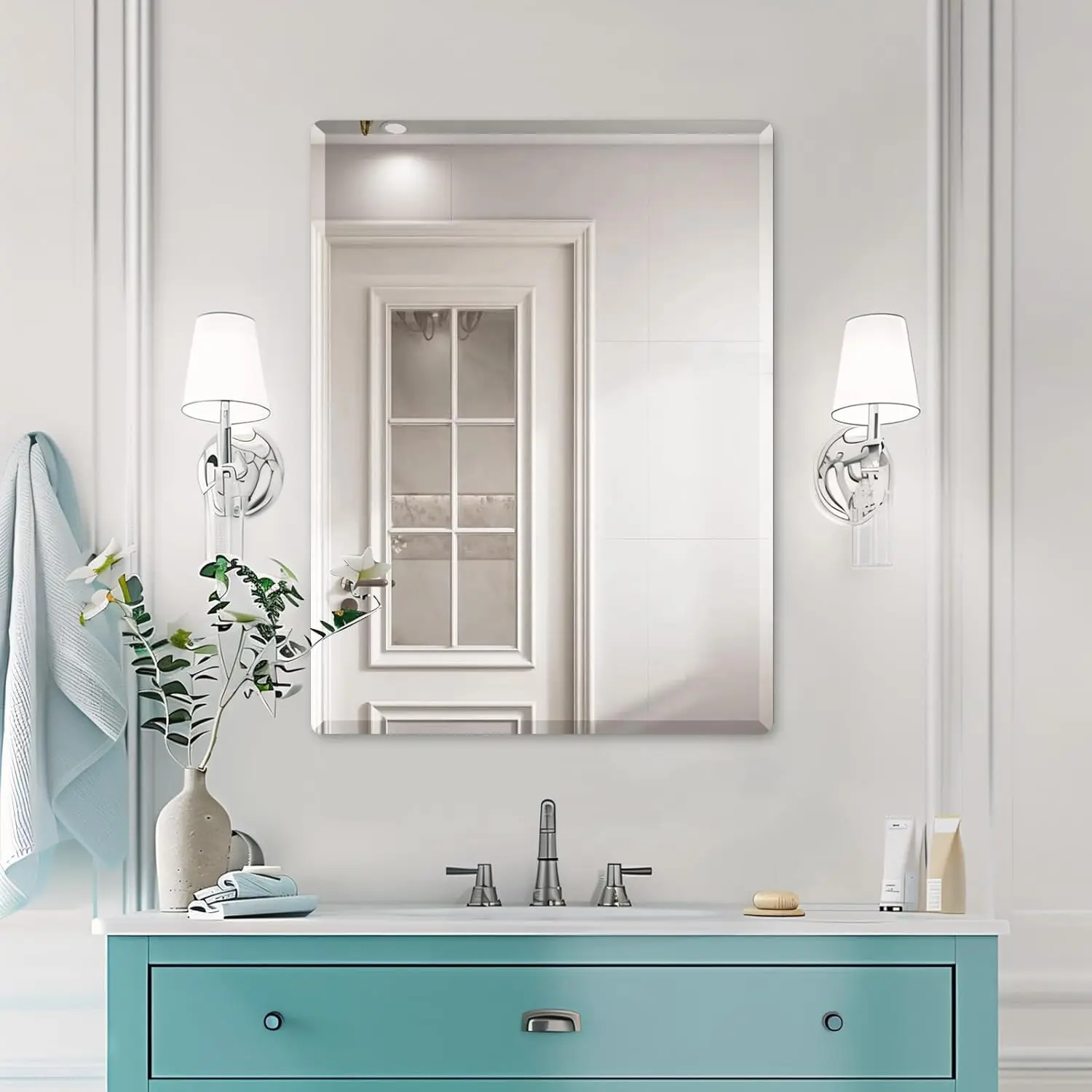 

Beveled Mirror, Wall Mirror 24" x 32", Frameless Rectangle Bathroom Mirror with Beveled Edge, Hangs Horizontally or Vertically.
