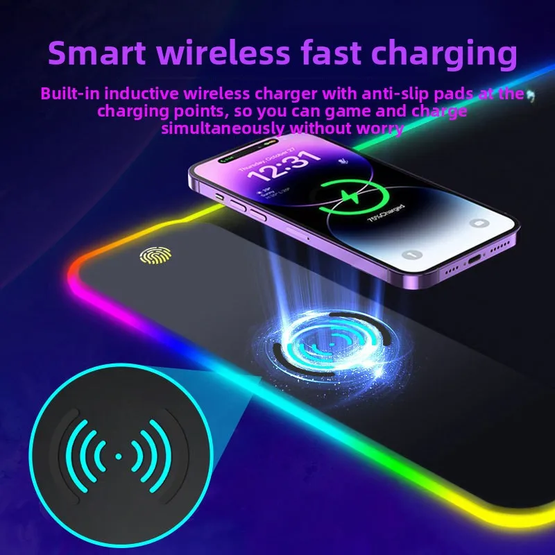 RGB Wireless Charging Mouse Pad 15W Fast Charge Extended Gaming Desk Mat with Non Slip Rubber Base and Colorful Breathing Light
