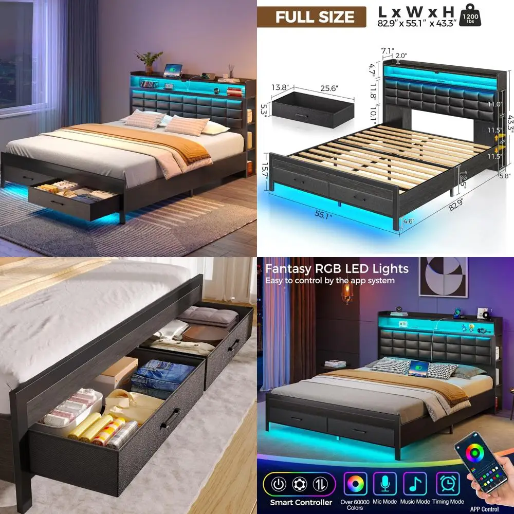 Cama de plataforma estofada em tamanho real com armazenamento, cabeceira, 2 gavetas, estação de carregamento e luz LED