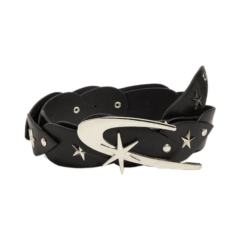 

Western Adult Waist Belt with Star Rivet Decors Wear Resistant Stitching Waistband PU Belt for Rock Fan Decorative Dropship