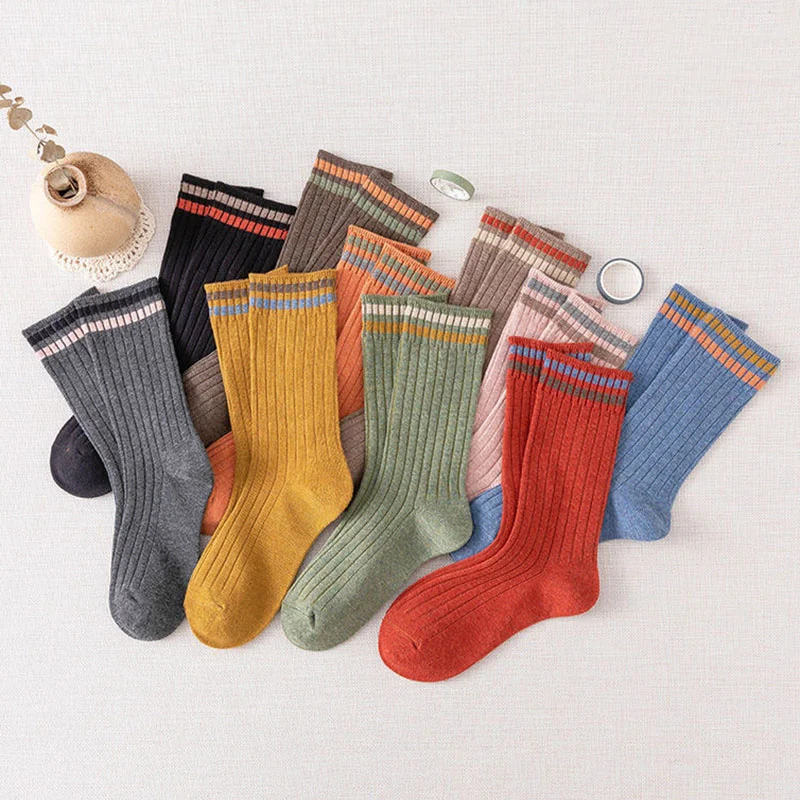5pair/Lot Women Long Socks School Spring Autumn Knitting Striped Polyester Cotton Middle Tube Loose Sock Breathable Calcetines