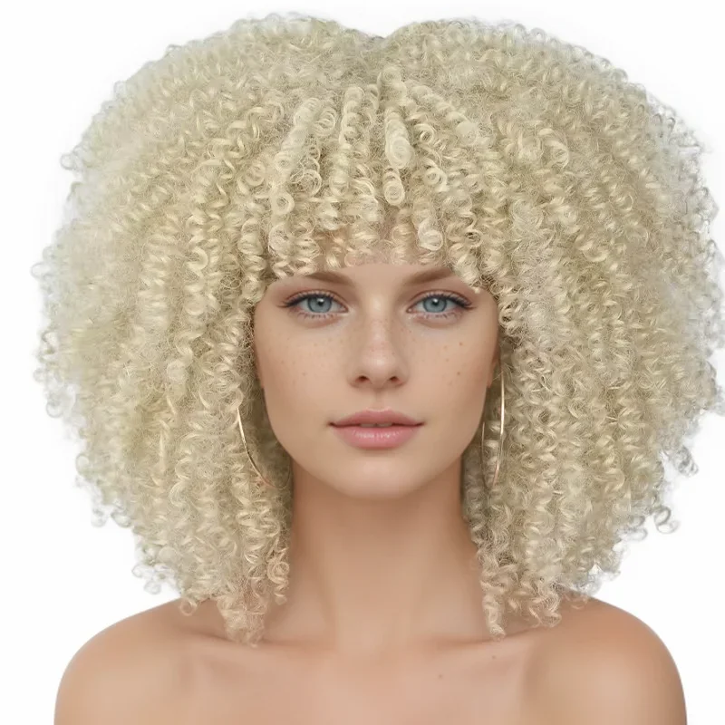 Ombre Afro Peruka z kręconymi włosami z grzywką Krótka peruka z kręconymi włosami dla czarnych kobiet Cosplay Naturalne włosy Kolorowe blond różowe peruki syntetyczne