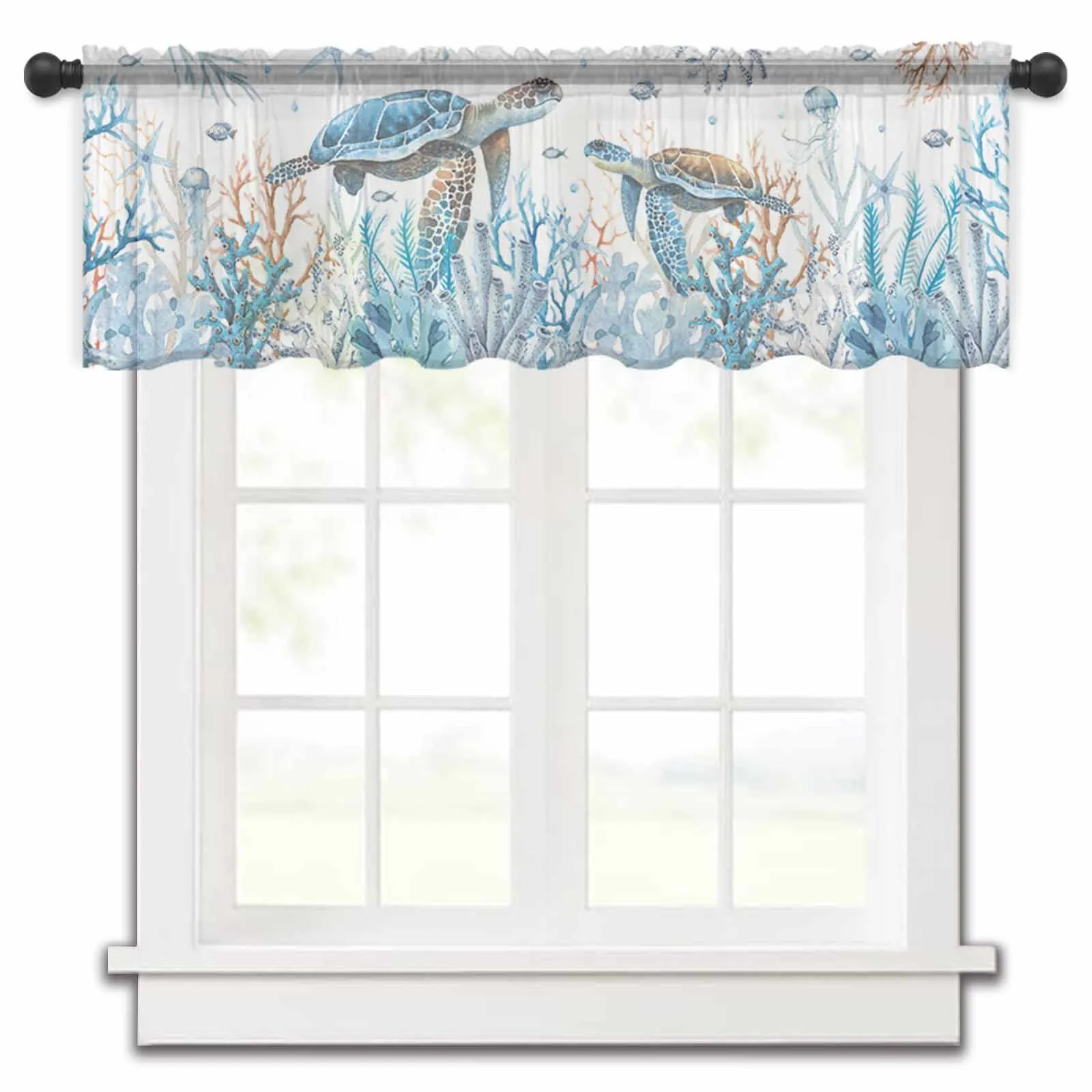 Summer Ocean Coral Starfish Turtle Jellyfish Blue Kitchen Sheer Curtains Tulle Small Curtain Living Room Voile Drapes Home Decor