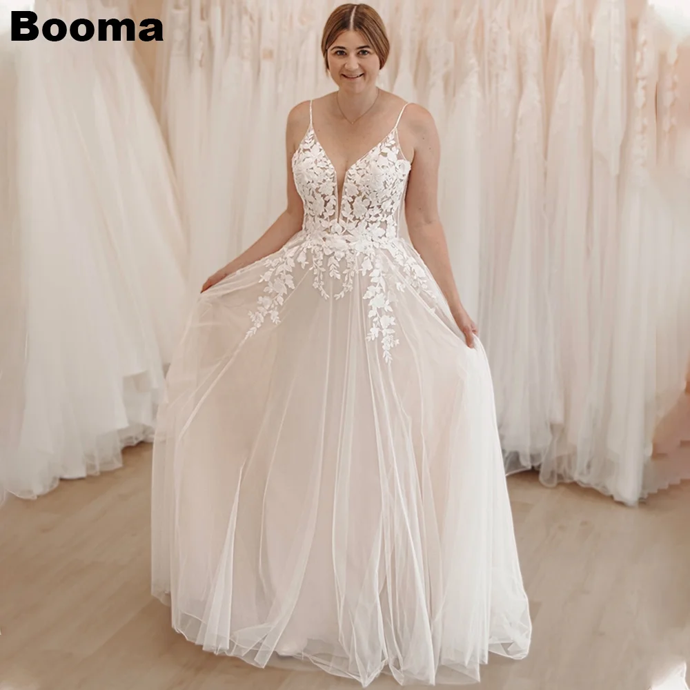 

Booma A-Line Boho Wedding Dresses Appliques Tulle Sleeveless Brides Party Dress for Women Backless Bridals свадебное платье