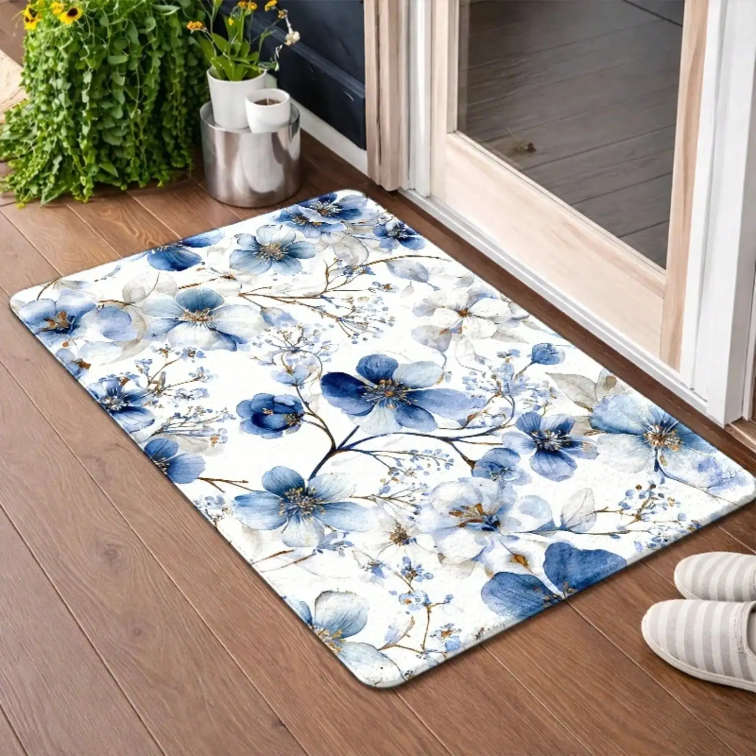 1pc Blue White Floral Pattern Doormat, Non Slip Rubber Backing Flannel Rug, Durable Washable Entry Mat, Universal For Living Room, Bedroom, Office, Bathroom