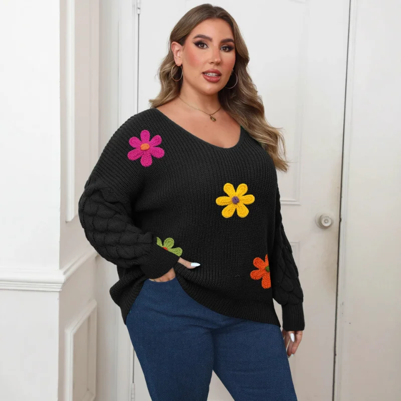 Women's Sweater Pineapple Sleeves Deep V Bottoming Shirt Three-dimensional Wool Embroidery Flower Stitching Pullover Top