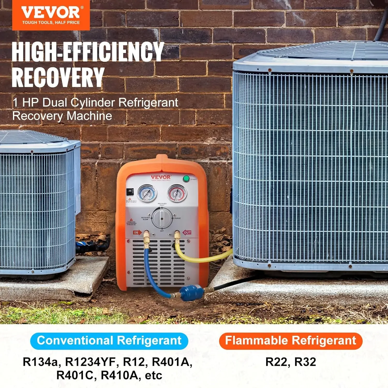 1 HP Refrigerant Recovery Machine - High Pressure Protection 120V 60Hz Recovery Machine HVAC for Vapor Liquid Refrigerant