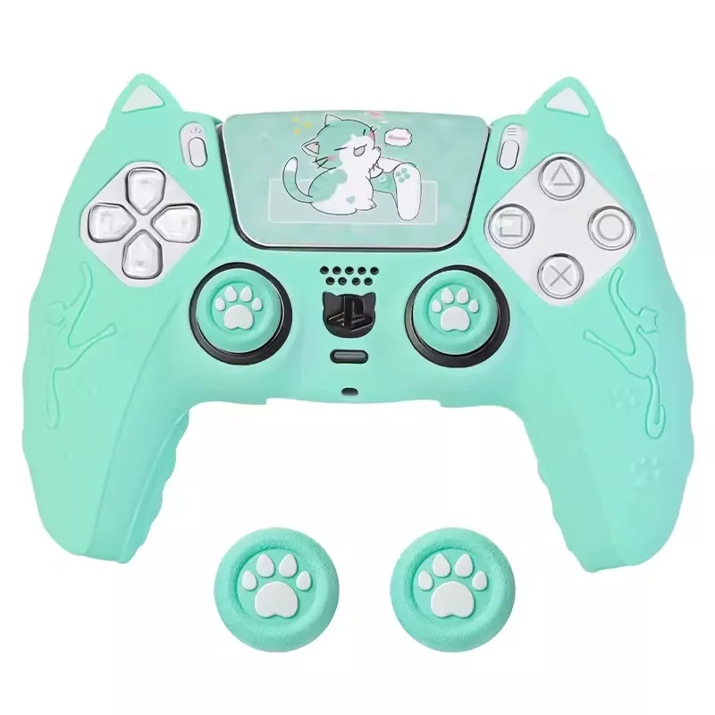 Cute Cat Ear Silicone Case for PS5 Controller with Thumb Grip Caps | Protective Cover with Cat Paw Joysticks | Multiple Colors