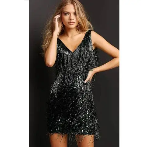 Mini robe de cocktail à paillettes pour femmes, glands, col en V en fibre, robes d'été, robe de Rh, robe de soirée, robes élégantes, sexy