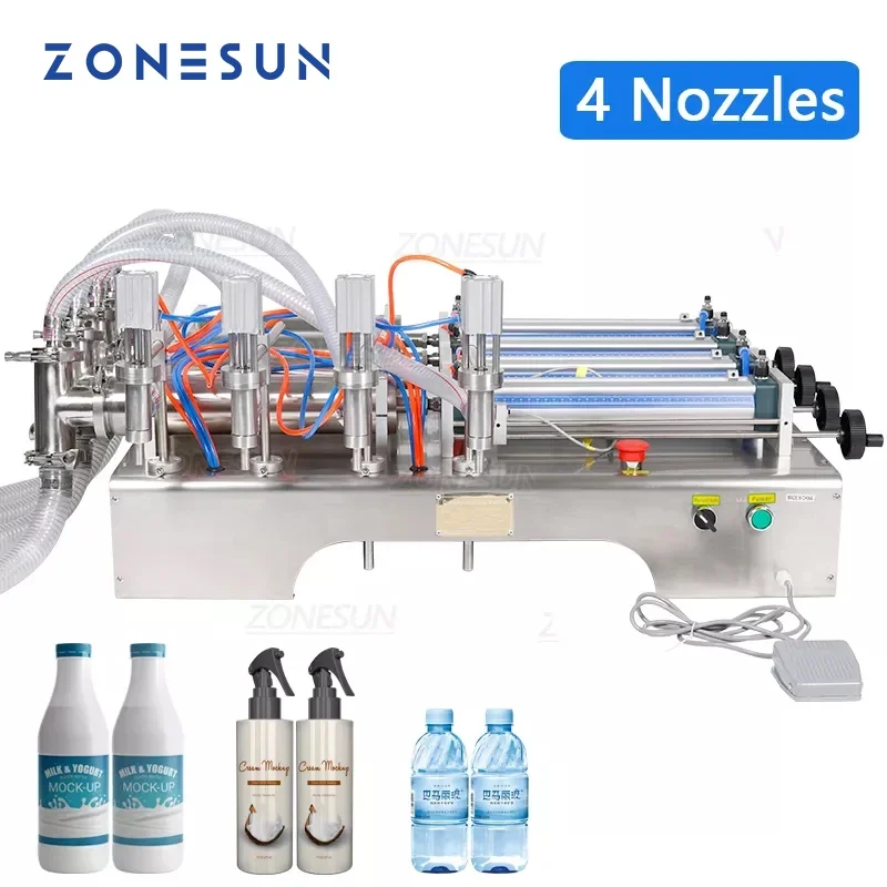 ZONESUN 4 Head Pneumatic Liquid Filling Machine Horizontal Essential Oil Water Perfume Shampoo Food Beverage Machinery