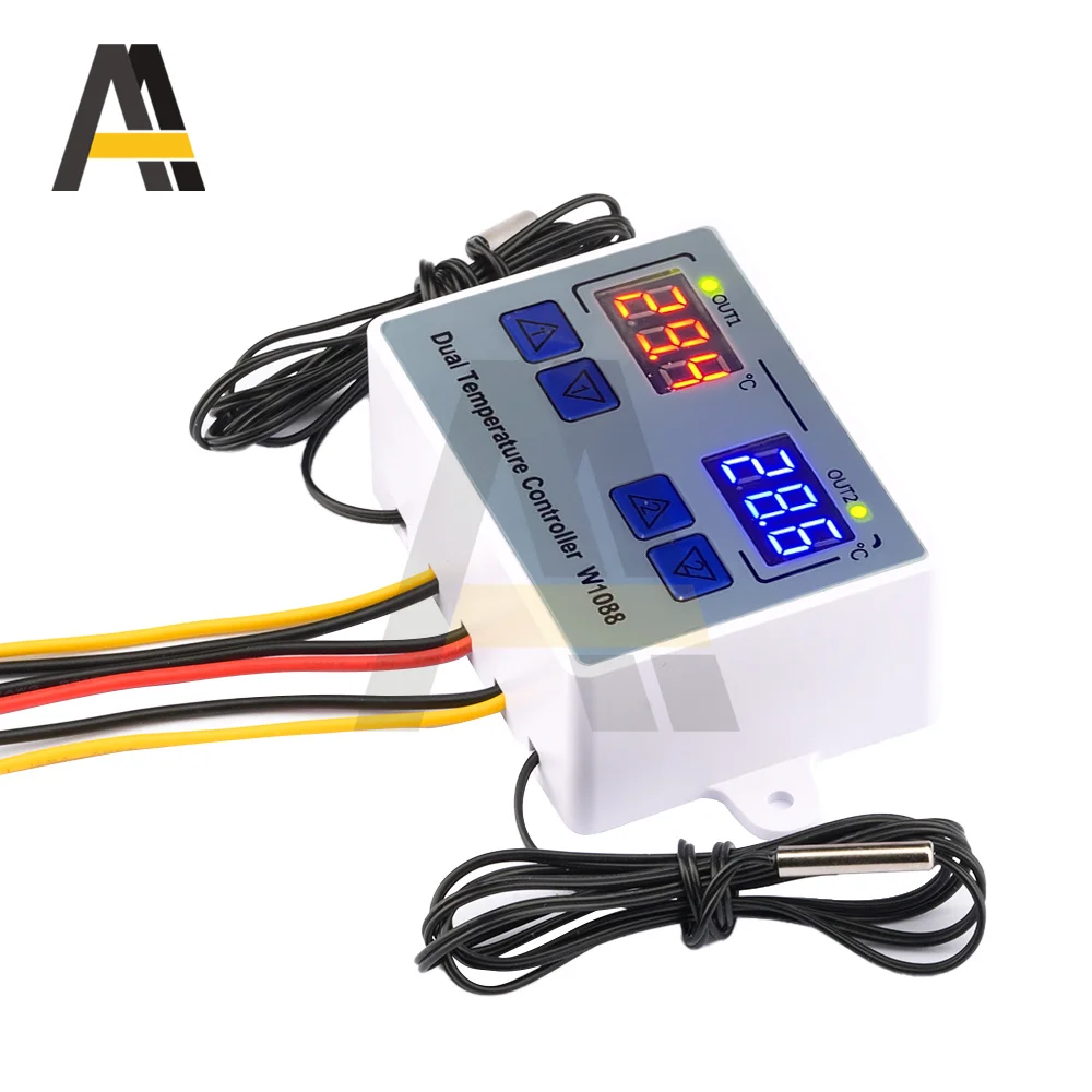 W1088 Dual LED Digital Temperature Sensor Meter Controller Electric Heating Thermostat 12V 24V 220V for Aquarium Incubator