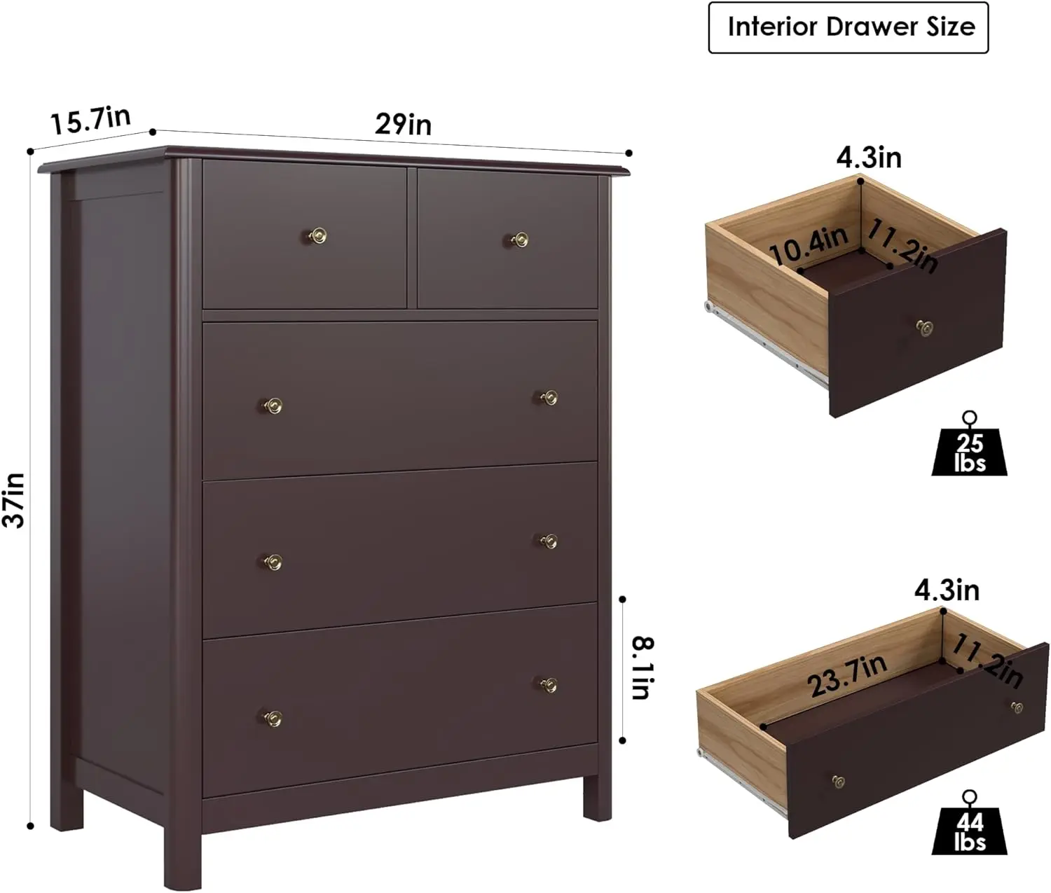 Cómoda de madera para sala de estar, armario de almacenamiento de 5 cajones con espacio profundo, para pasillo y oficina