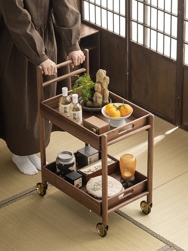 Walnut tea cart bedroom living room kitchen storage multi-functional movable cart retro solid wood storage rack