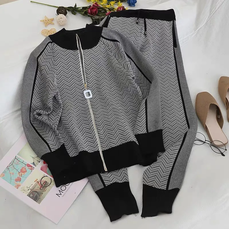 Check Knit 2 Pieces Sets Women Casual Zipper Knitwear Cardigan Tops Conjuntos Korean High Waist Ankle Length Jogger Pants Outfit