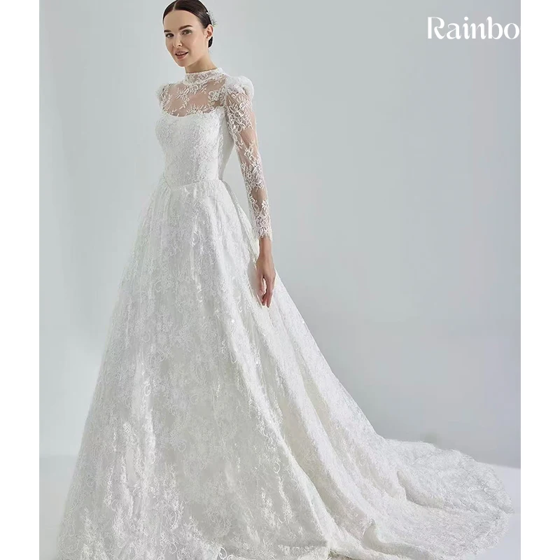 فستان زفاف برقبة عالية أورجانزا رشيقة مع تطريز على شكل حرف a ثوب حفلة كم كامل مخصص للعروس بأربطة فيستدو دي نوفيا