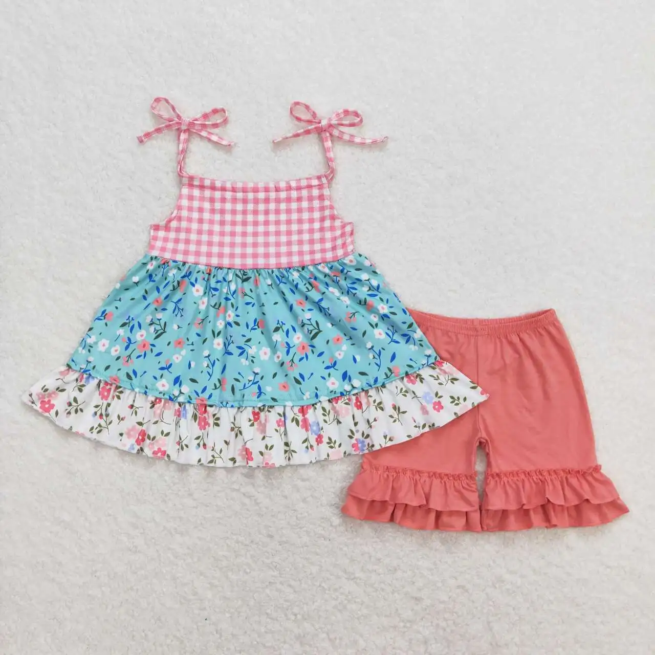 

New products rts toddler baby boutique outfits children pretty flower suspender shorts set kids girls applique clothes