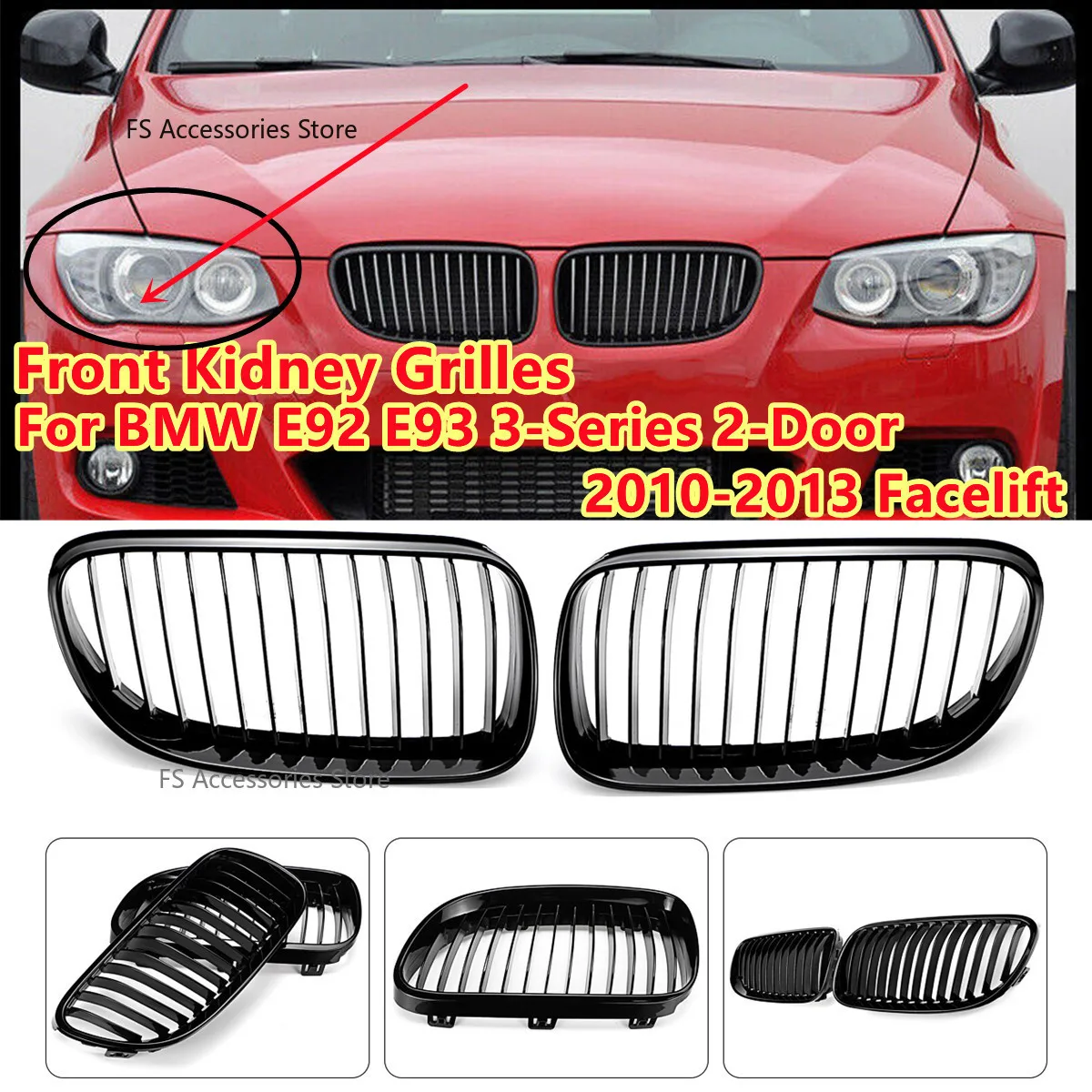 Grelhador de substituição de rim dianteiro preto brilhante, Facelift Racing Grill, Capuz, pálpebra, BMW E92, E93, Série 3, 2 portas, 2010-2013