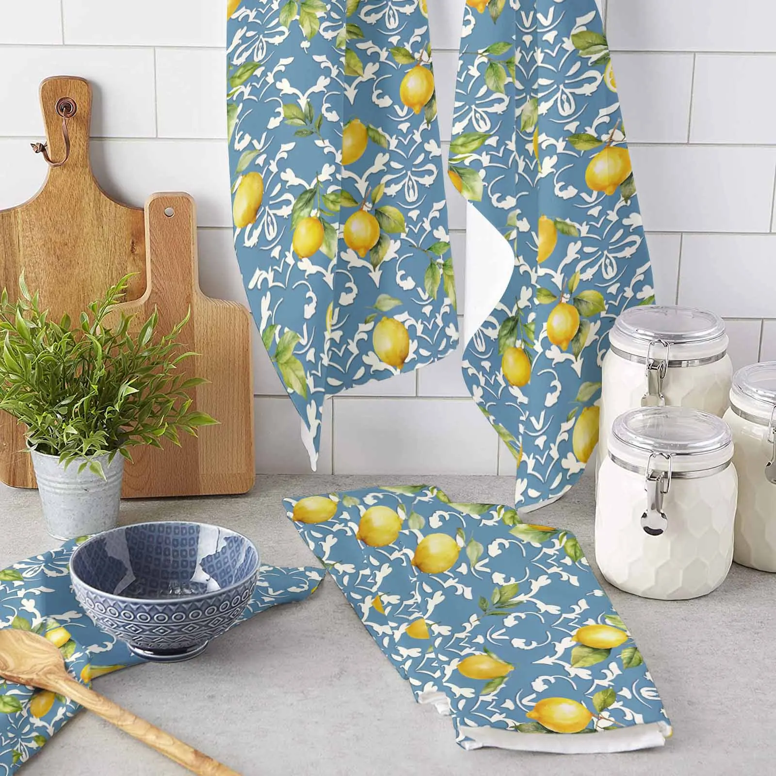 Lemon Leaf Patterns Towel Set Cleaning Cloth Kitchen Accessories Dish Washing Cloth Household