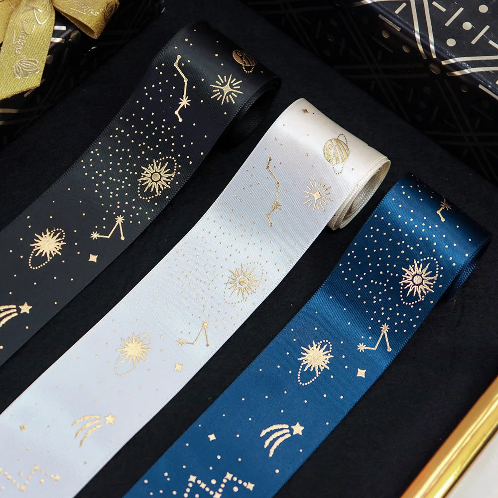 38mm Gold Foil Starry Sky Satin Ribbon Constellation Planet Meteor Print for Gift Wrapping Wedding Bouquet DIY Craft Party Decor