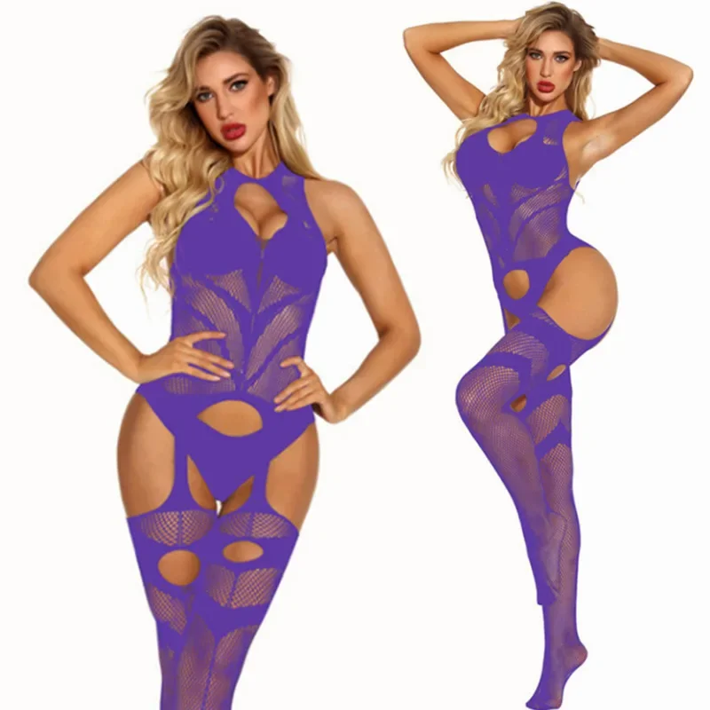 مثير شبكة صيد السمك الأرجواني Bodystockings الجنس للنساء المثيرة الملابس الداخلية مثير مفتوحة المنشعب الدمى داخلية الإناث فستان مثير جديد