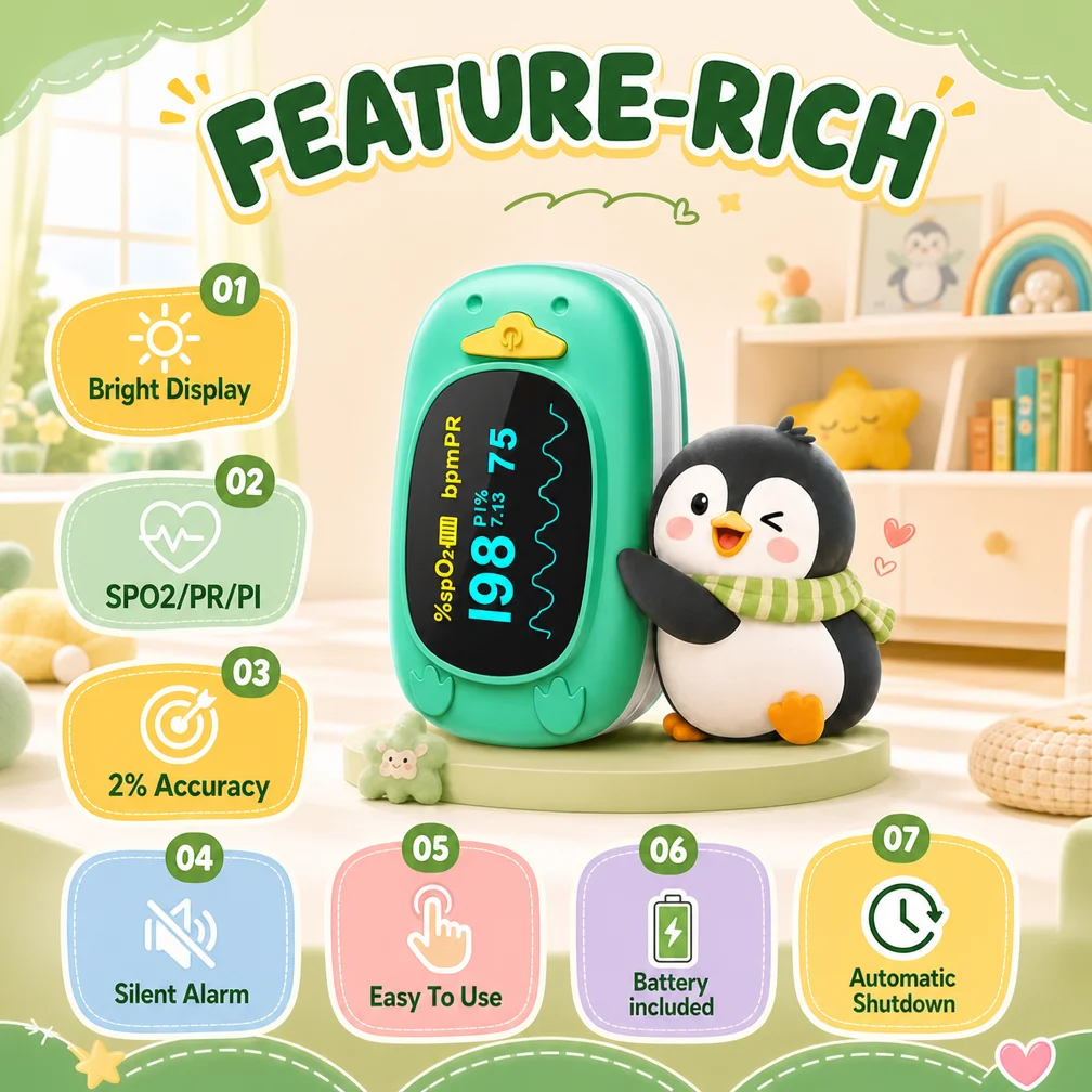 HealthTree Baby Pulse Oximeter Portable Heart Rate Monitor SpO2 Meter for Kids 2-14 Years Old With Lanyard for School Use