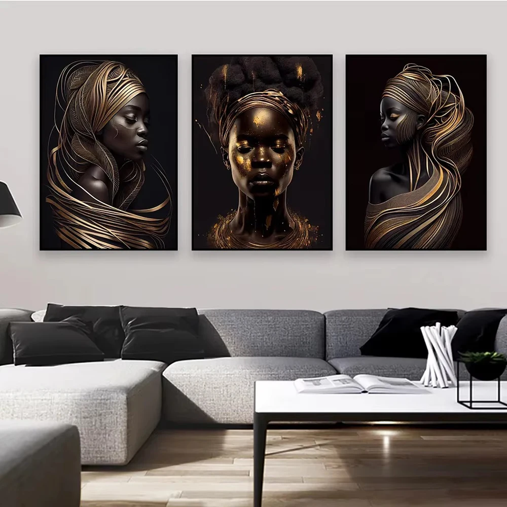 Afrikanische Frauen Leinwandgemälde Schwarz-Gold-Frauen-Poster und Drucke Skandinavisches Wandbild für Wohnzimmer-Dekoration – Detail 6