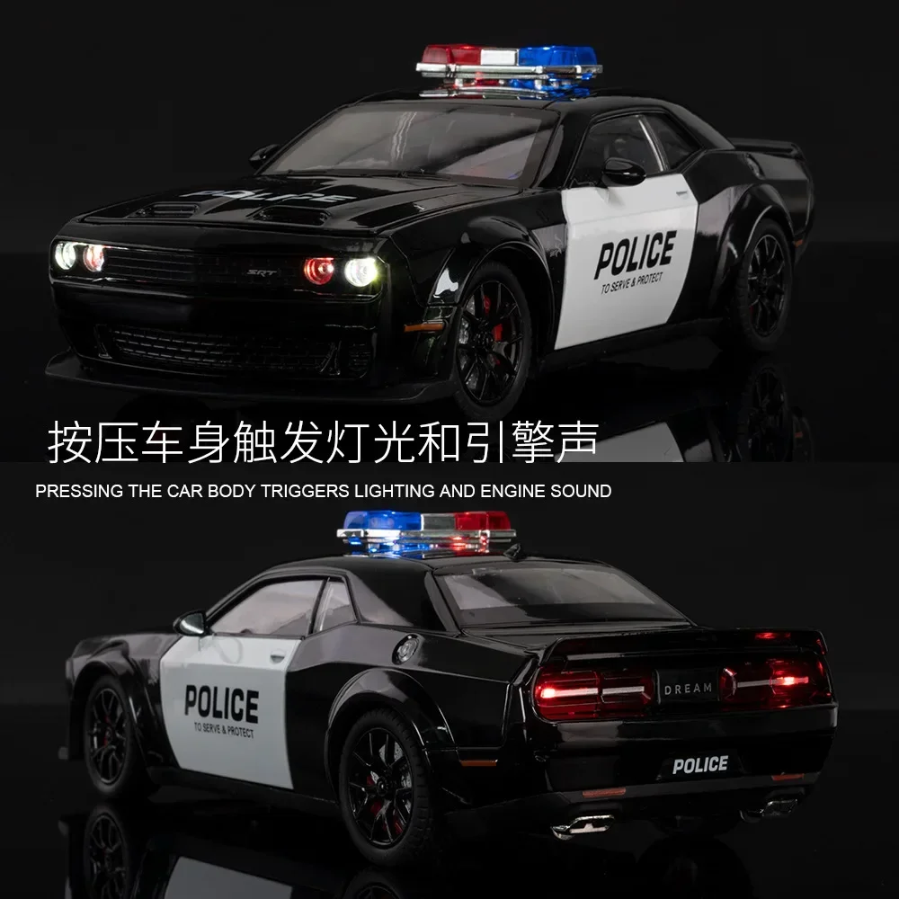 1:24 Dodge Challenger SRT Hellcat carro de polícia Liga Modelo de carro Coleção Miniatura Voiture Diecast Veículos de brinquedo Menino