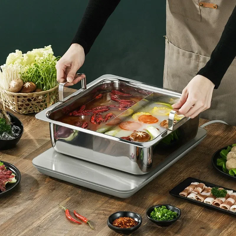 304 Stainless Steel Square Hot Pot Thickened Large Capacity Half And Half Duck Pot For Induction Cooker Multi Grid Commercial