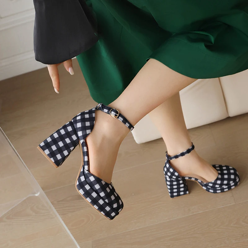 Plus Size Checkerboard Stretch Fabric Side Cut-Out Women's Sandals Ultra-High Thick Heel Ankle Buckle Shallow Student Sandals