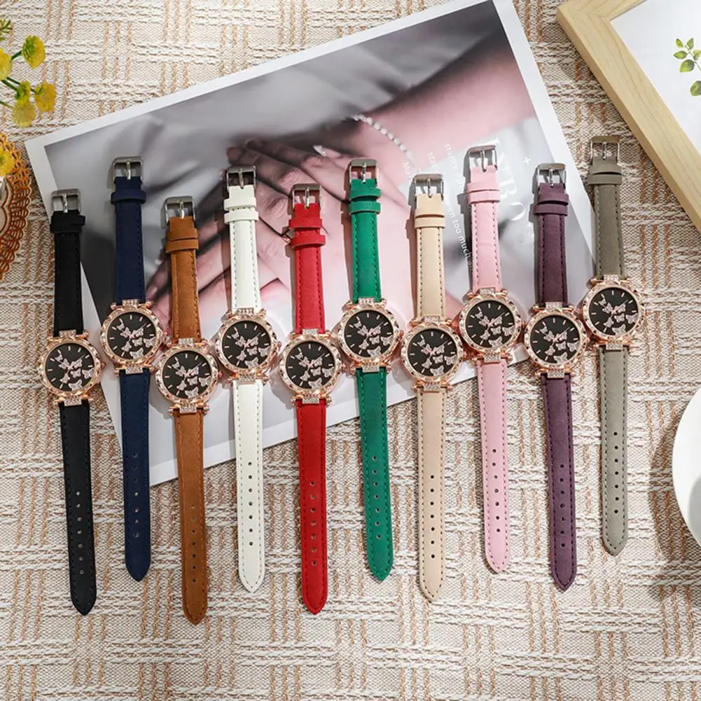 

Fashion Leather Women Watches Rhinestone Butterfly Dial Quartz Watch Wristwatches Gift