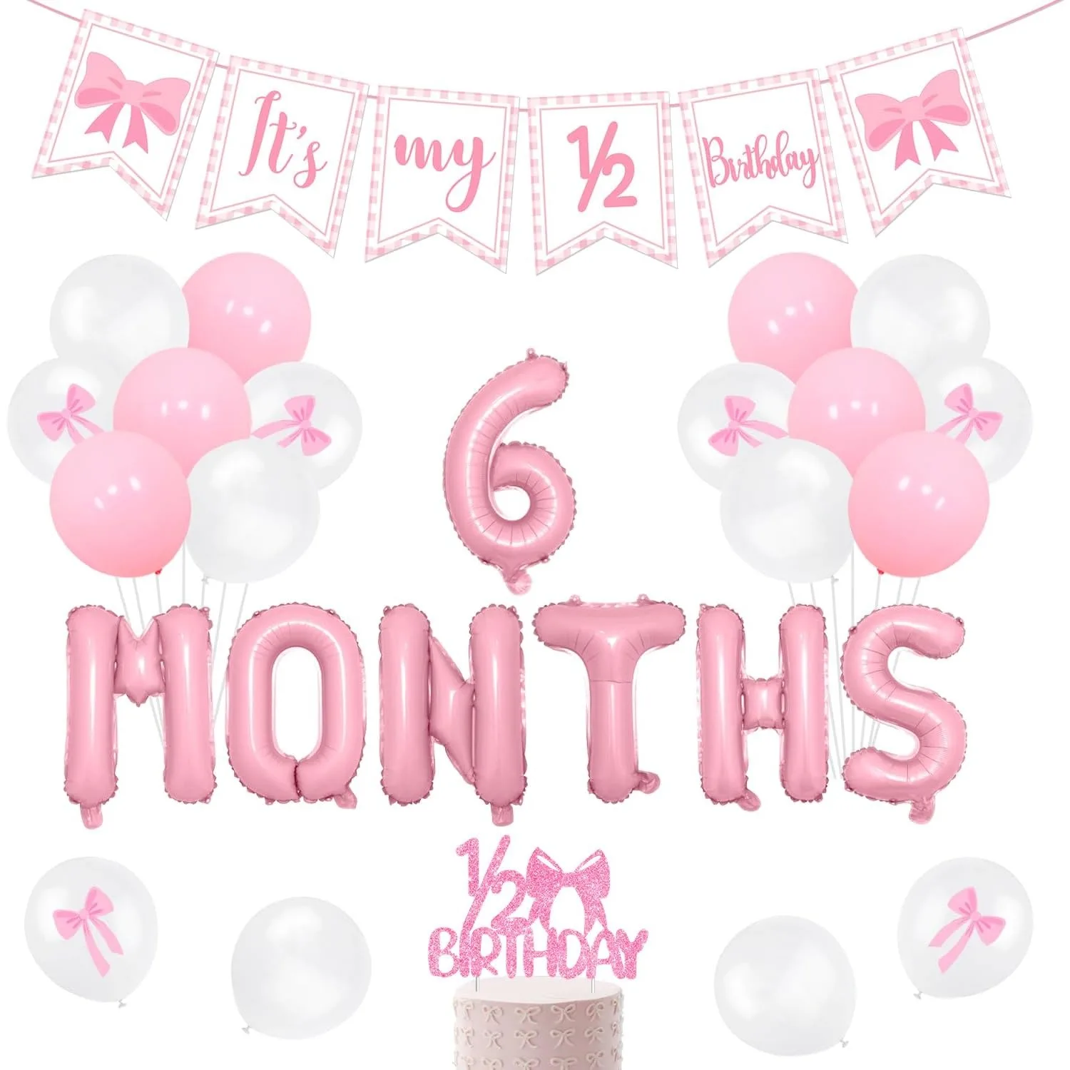 Rosa Gingham It's My 1/2 Geburtstags-Banner, Schleife, 6 Monate, Luftballons, 1/2 Geburtstagskuchen-Topper, 1/2 Geburtstagsparty-Zubehör
