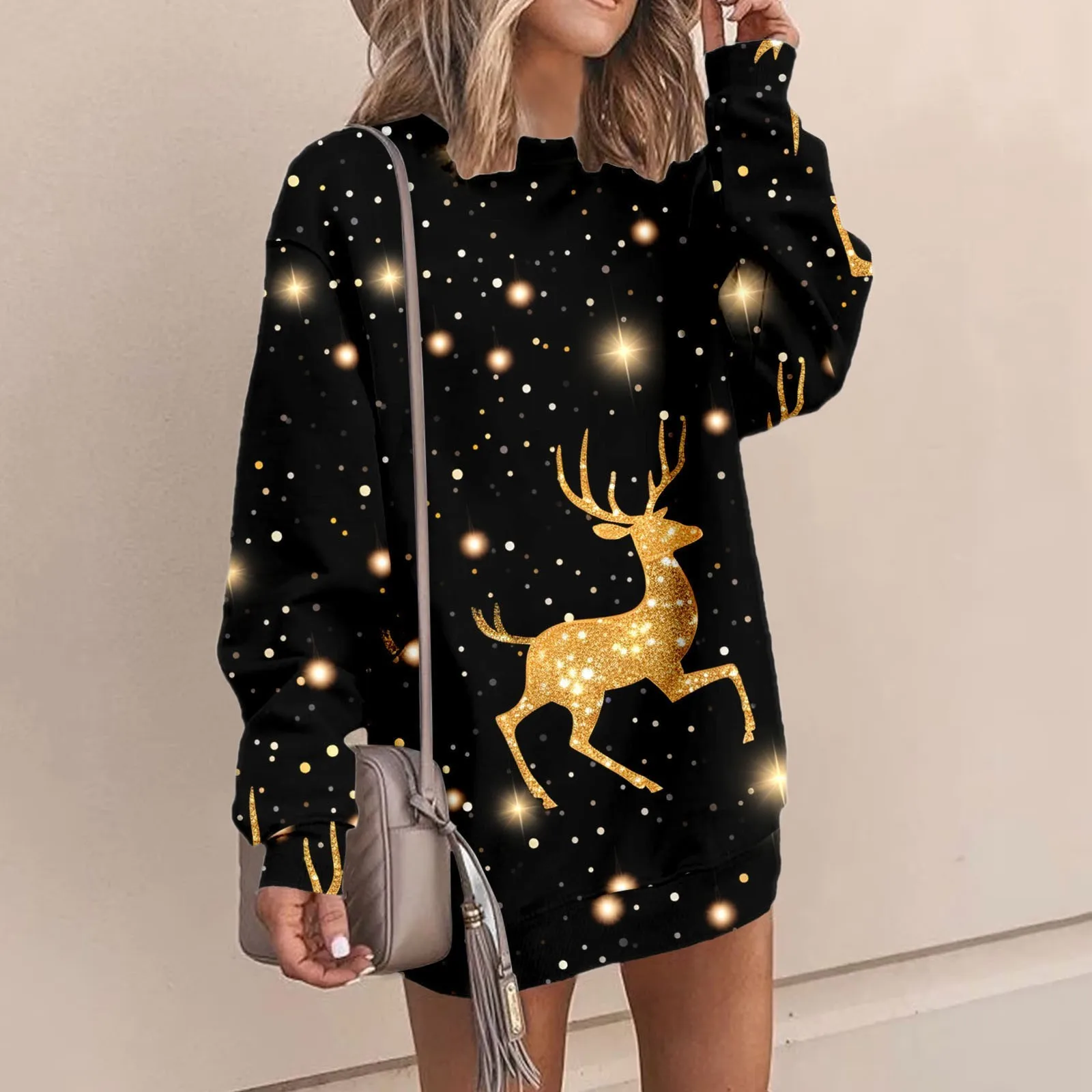 Fashion Fleece Long sleeve mini Sweatshirt Dress round neck Christmas deer print Dresses for women loose fit casual dress