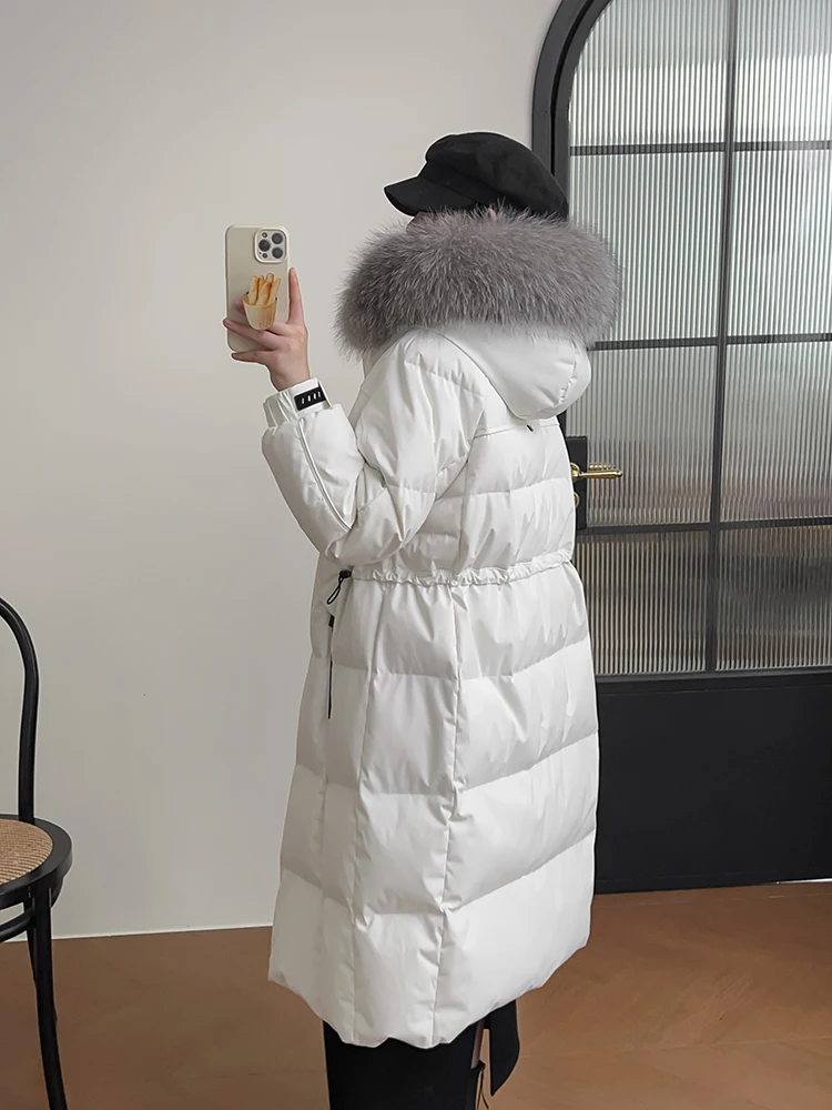 Women Winter Warm Real Natural Silver Fox Fur Collar White Goose Down Jackets Outdoor Puffer Jackets Thick Coat Female Outwear